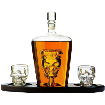 Skull King Skeleton Wine & Whiskey Globe Decanter Set 750 mL With 2 Skull Head 3oz Skeletons Shot Glasses + Mahogany Wooden Base Decor Glass, Goth Spooky Drinking Glassware The Wine Savant