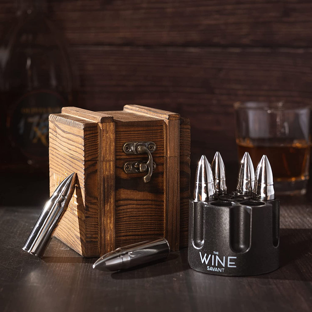 Whiskey Stones Bullets Stainless Steel with Wooden Gift Box - 1.75in Bullet Chillers Set of 6 Inside Realistic Revolver - Made with Premium Stainless Steel, Large Whiskey Chillers Rocks (Silver)