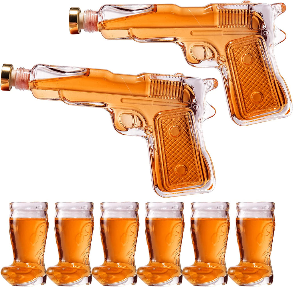 Pistol & Shotglasses Decanter Party Serving Holster Set - Whiskey Gun Decanter & Shot Glass - Pourers & Stopper - 2x 7.7oz Decanters - 6x 2oz Cowboy Boot Shots - Unique Gifts