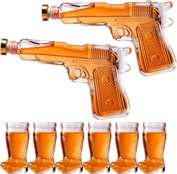 Pistol & Shotglasses Decanter Party Serving Holster Set - Whiskey Gun Decanter & Shot Glass - Pourers & Stopper - 2x 7.7oz Decanters - 6x 2oz Cowboy Boot Shots - Unique Gifts