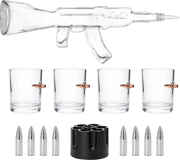 Gun Whiskey Decanter Set by The Wine Savant - SKF1801 Whiskey Gun Decanter 8 Bullet Whiskey Chillers - Military Gifts, Veteran Gifts, Law Enforcement Gifts, Home Bar Gifts, Drinking Accessories