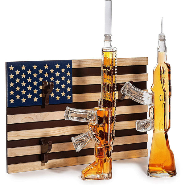 2 Gun Whiskey Decanters Set AR15 and AK47 Gun Decanter 1000ml American Flag Wall Rack by The Wine Savant - Veteran Gifts, Gun Lover Gifts, Tik Tok Gun Decanter, Military Gifts