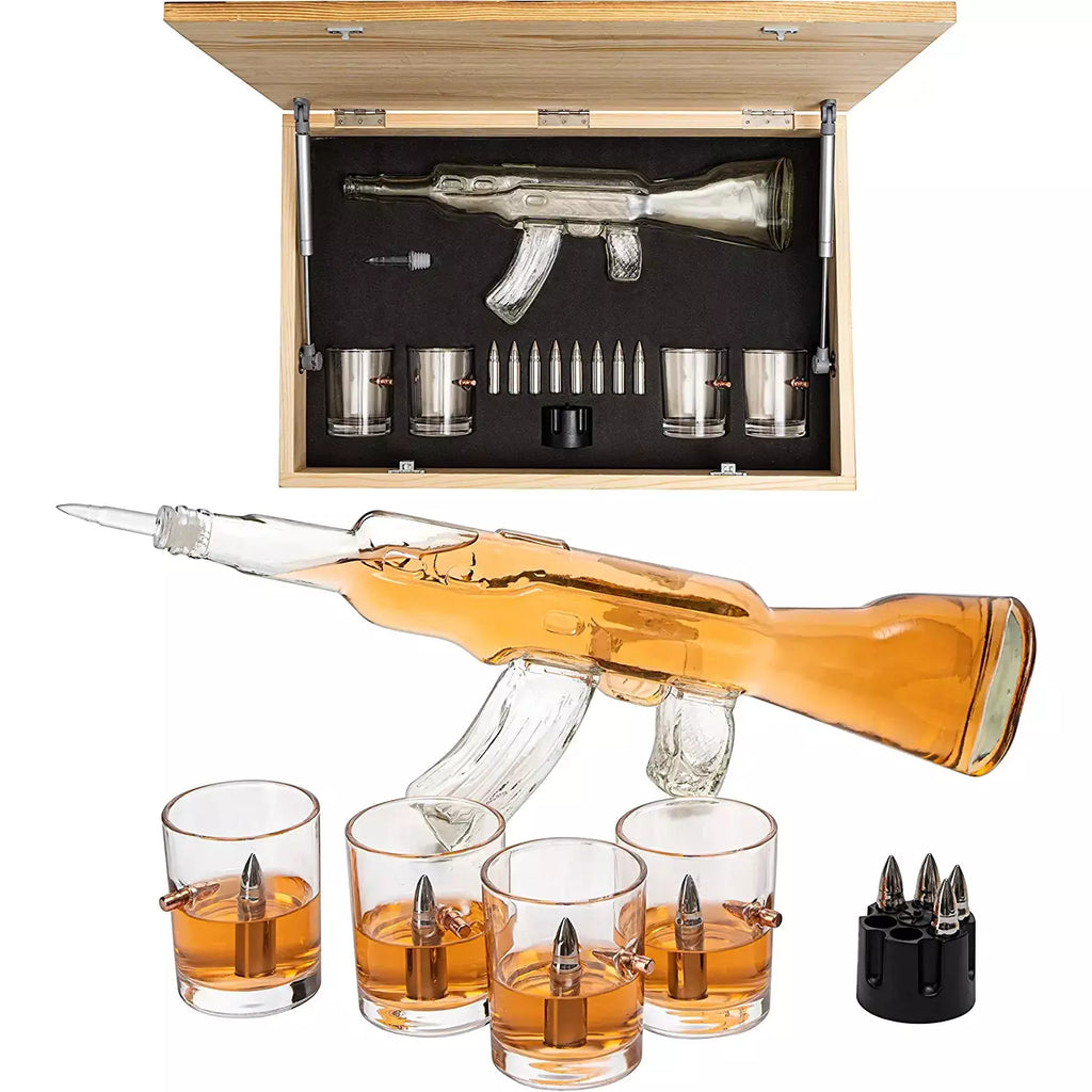 Gun Whiskey Decanter Set by The Wine Savant - SKF1801 Whiskey Gun Decanter 8 Bullet Whiskey Chillers - Military Gifts, Veteran Gifts, Law Enforcement Gifts, Home Bar Gifts, Drinking Accessories