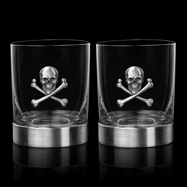 Skull & Skeleton Crossbones Pewter Whiskey & Wine Drinking Glasses - 11oz Set of 2 - Water, Rum, Brandy & Scotch Glass, Elegant, Skeleton Crystal Cup, Gifts for Men & Women, Old Fashioned Glass