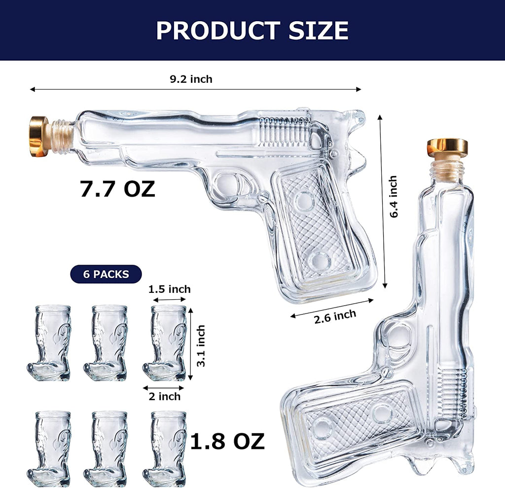 Pistol & Shotglasses Decanter Party Serving Holster Set - Whiskey Gun Decanter & Shot Glass - Pourers & Stopper - 2x 7.7oz Decanters - 6x 2oz Cowboy Boot Shots - Unique Gifts