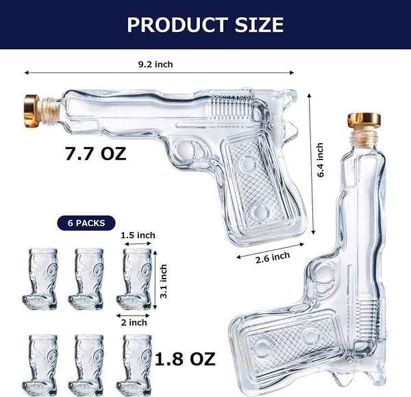 Pistol & Shotglasses Decanter Party Serving Holster Set - Whiskey Gun Decanter & Shot Glass - Pourers & Stopper - 2x 7.7oz Decanters - 6x 2oz Cowboy Boot Shots - Unique Gifts