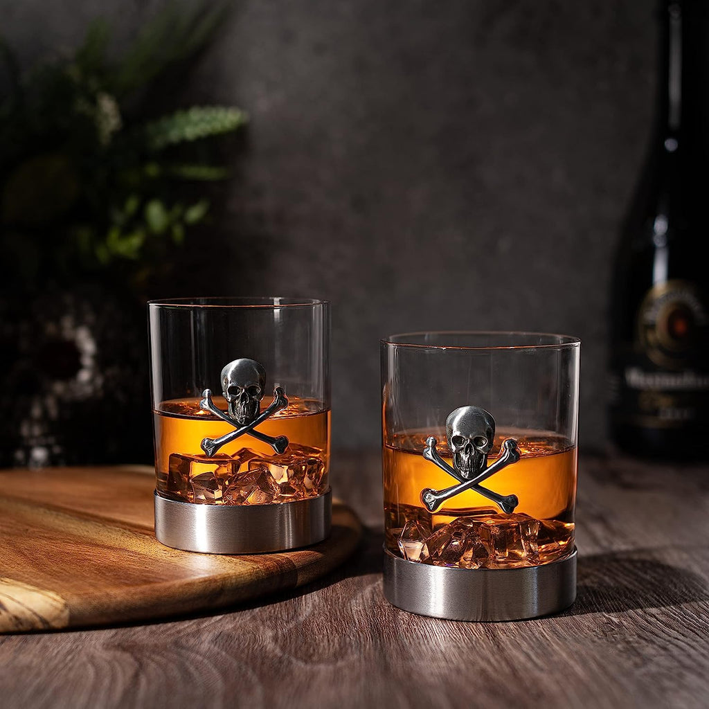 Skull & Skeleton Crossbones Pewter Whiskey & Wine Drinking Glasses - 11oz Set of 2 - Water, Rum, Brandy & Scotch Glass, Elegant, Skeleton Crystal Cup, Gifts for Men & Women, Old Fashioned Glass