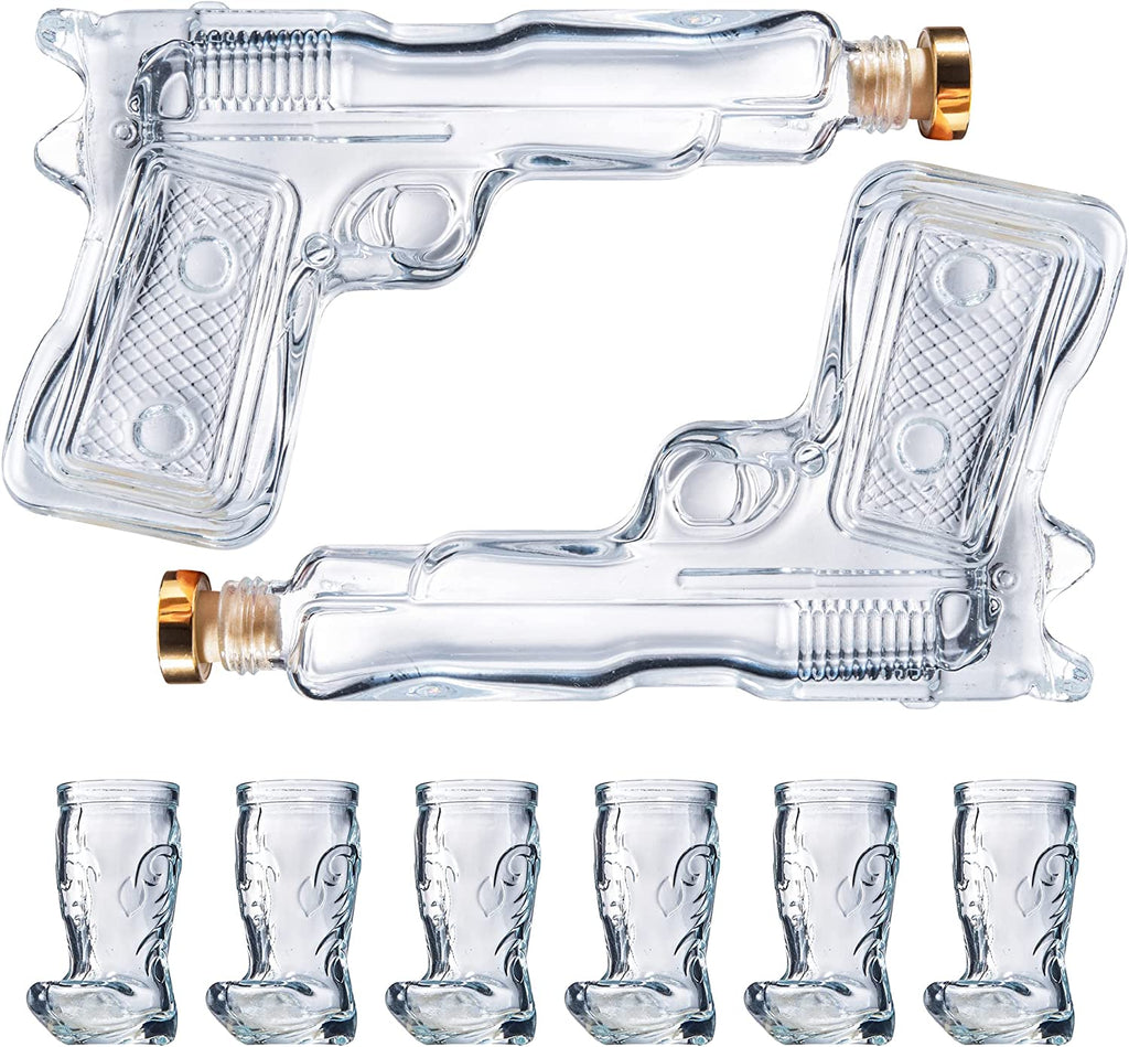 Pistol & Shotglasses Decanter Party Serving Holster Set - Whiskey Gun Decanter & Shot Glass - Pourers & Stopper - 2x 7.7oz Decanters - 6x 2oz Cowboy Boot Shots - Unique Gifts