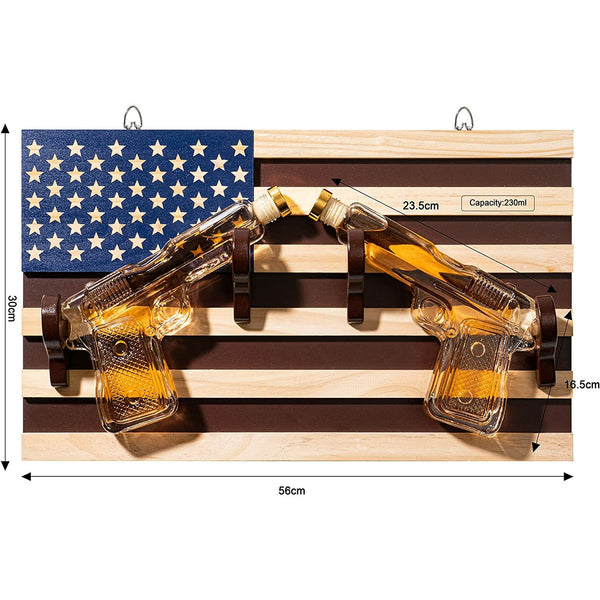 Pistol Whiskey Decanter Set of 2 300ml On American Flag Wall Rack by The Wine Savant - Tik Tok Gun Decanter, Veteran Gifts, Military Gifts, Home Bar Gifts, Law Enforcement Gifts