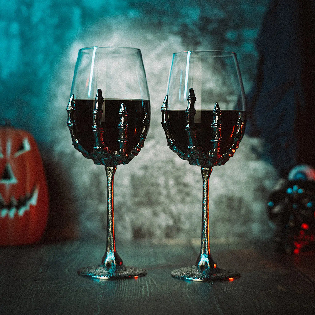 Stemmed Skeleton Wine Glasses Set of 2 by The Wine Savant - Skeleton Hand Glasses 9" H, Goth Gifts, Skeleton Gifts, Skeleton Decor, Spooky Cocktails, Wine Gift Set, Wine Glasses!