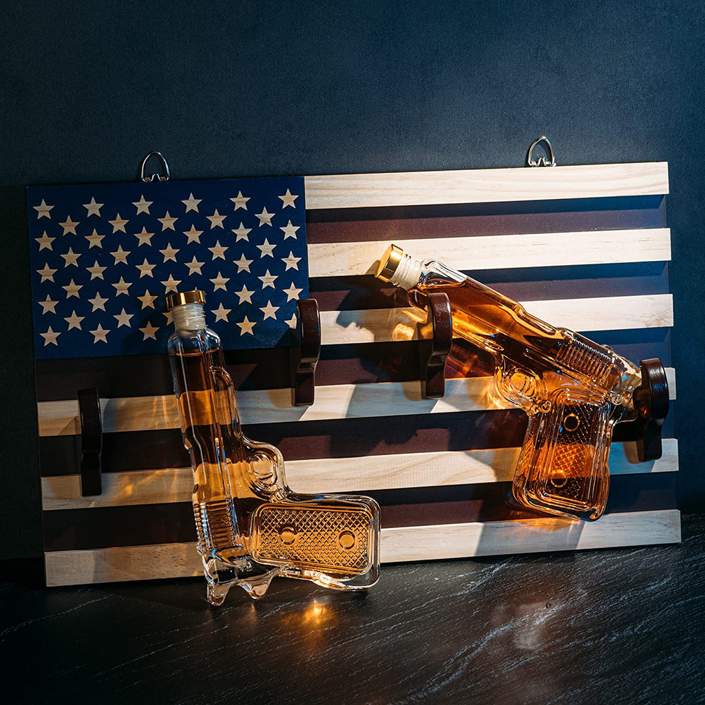 Pistol Whiskey Decanter Set of 2 300ml On American Flag Wall Rack by The Wine Savant - Tik Tok Gun Decanter, Veteran Gifts, Military Gifts, Home Bar Gifts, Law Enforcement Gifts