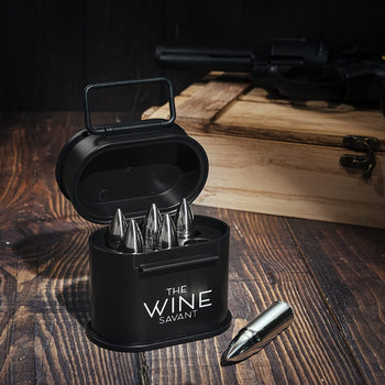 Whiskey Stones Ammunition Box Bullets Stainless Steel - Set of 6 1.75in Bullet Chillers, The Wine Savant Stainless Steel Whiskey Rocks Bullet Shaped Ice Chillers, Beautiful Case to Take to Go! (Black)