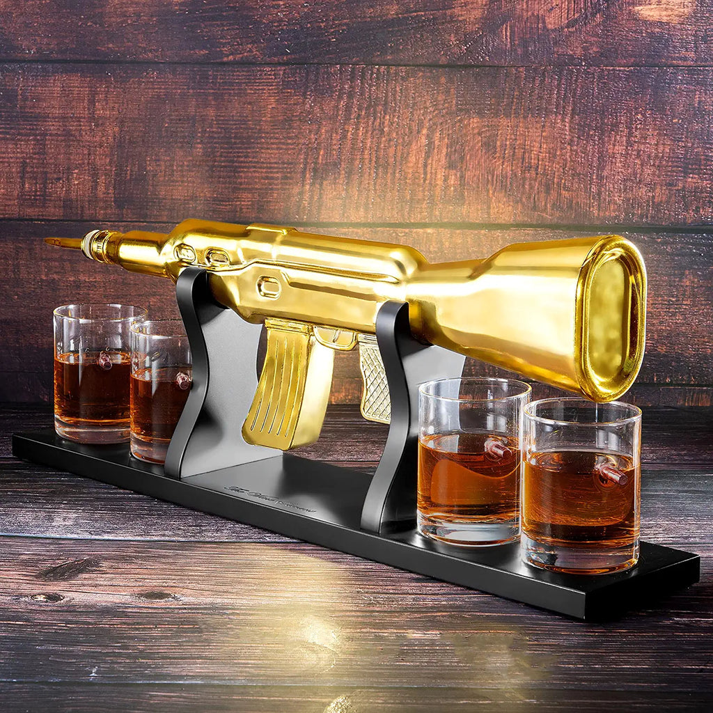 AK Gold Whiskey Decanter Set With 4 Bullet Whiskey Glasses - The Wine Savant, Gift For Fathers, Uncles, Sons - Veteran Gifts, Military Gift, Home Bar Gift, Father's Day by The Wine Savant