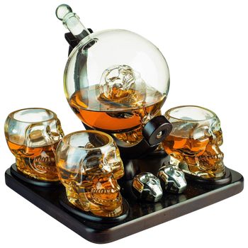 Skull Skeleton Wine & Whiskey Globe Decanter Set 850 mL With 4 Skull Head 3oz Skeletons Shot Glasses And Skull Chillers Wooden Base Decor Glass Goth Spooky Drinking Glassware The Wine Savant