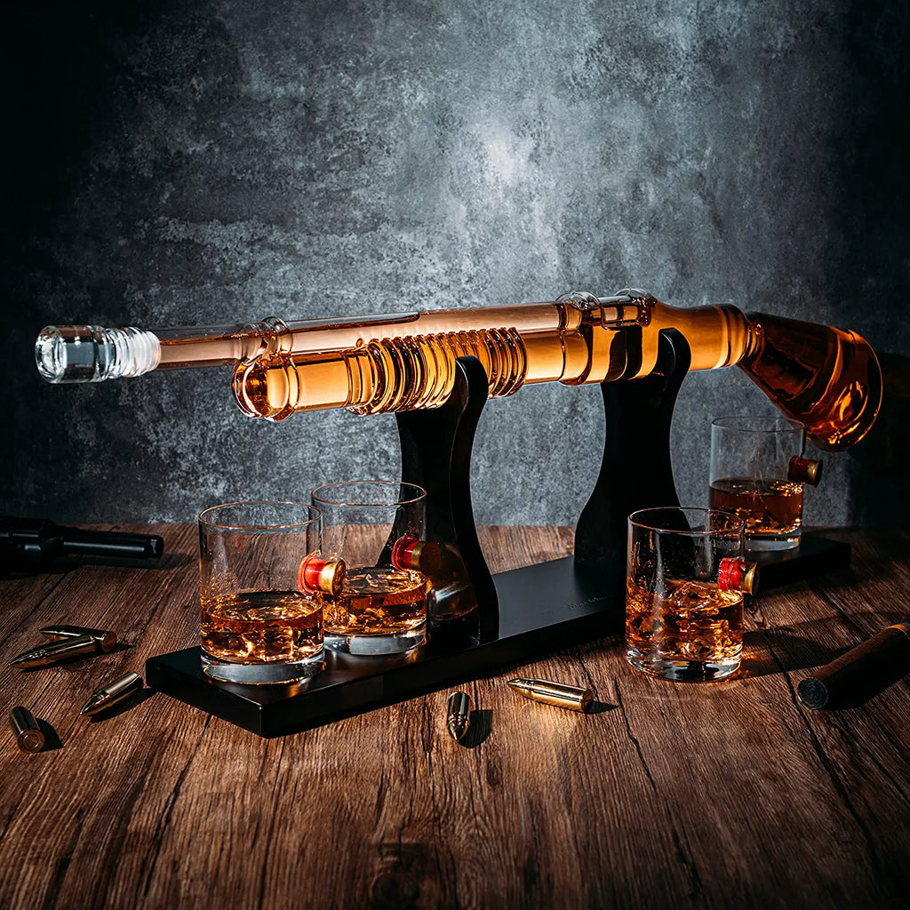 Shotgun Whiskey Decanter Set - Limited Edition - 800 ml & 4 12oz Bullet Glasses - Unique Gift - Drinking Party Accessory, Handmade Gun Liquor Decanter, Tik Tok Gun Decanter Gifts for Dad