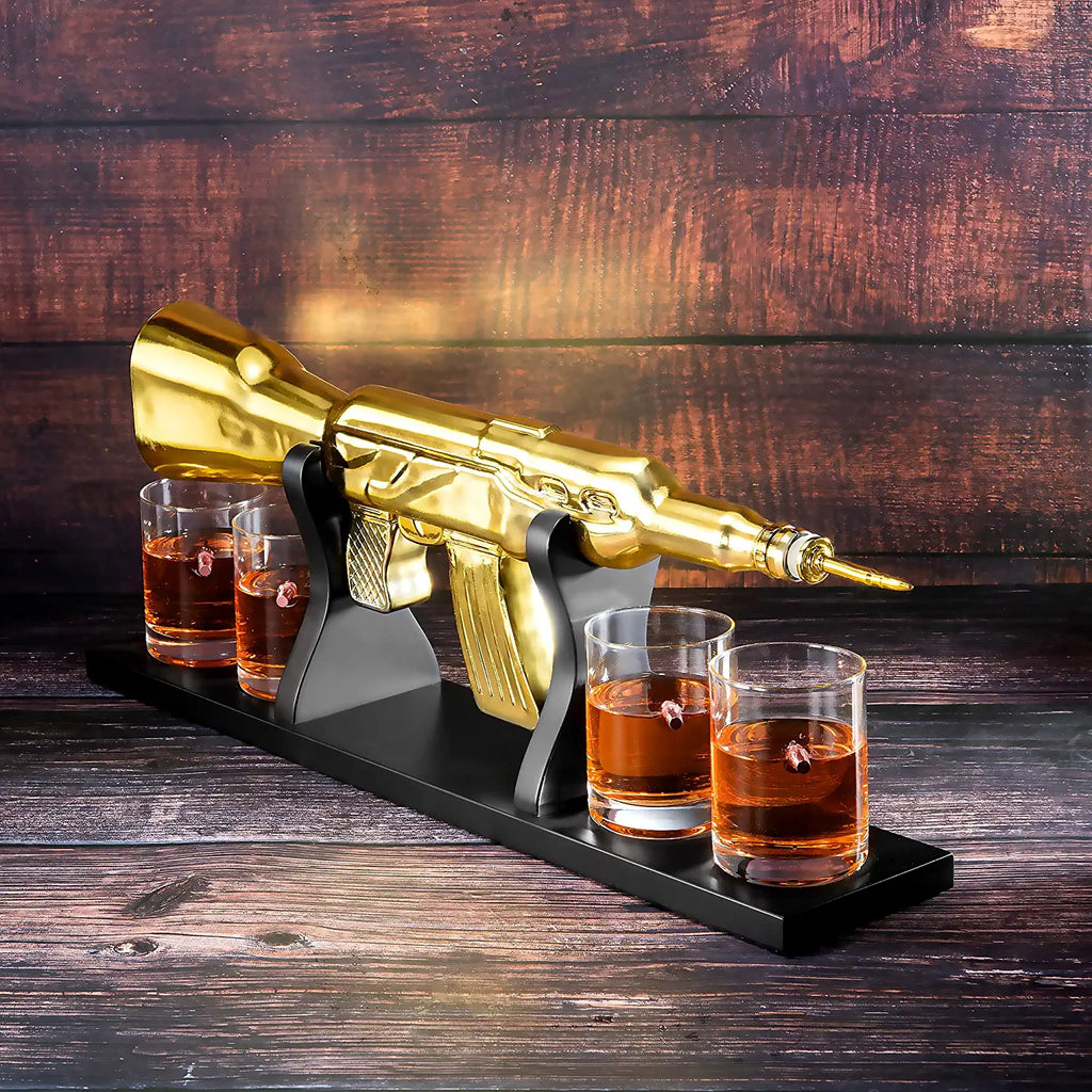 AK Gold Whiskey Decanter Set With 4 Bullet Whiskey Glasses - The Wine Savant, Gift For Fathers, Uncles, Sons - Veteran Gifts, Military Gift, Home Bar Gift, Father's Day by The Wine Savant