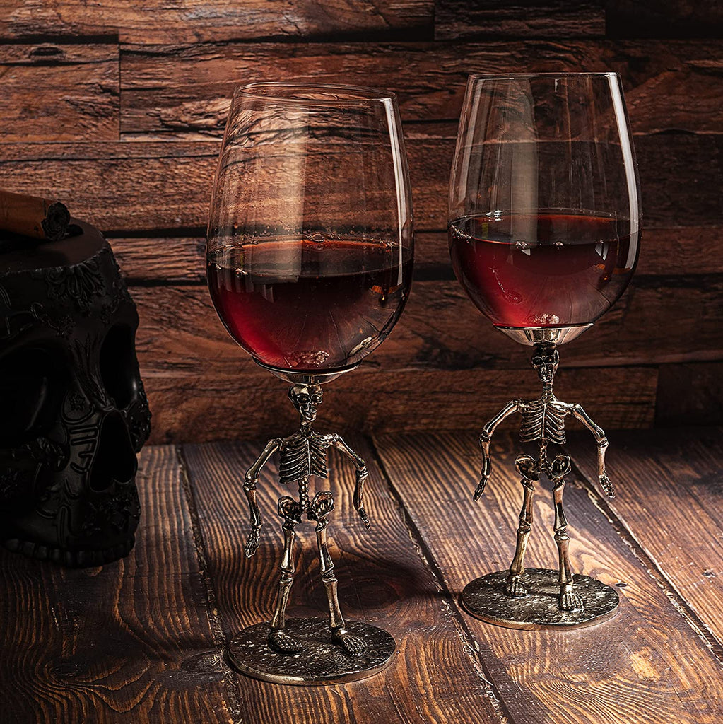 Stemmed Skeleton Wine Glass Set of 2 by The Wine Savant - 12oz Skeleton Glasses 10" H, Goth Gifts, Skeleton Gifts, Skeleton Decor, Spooky Wine Gift Set, Perfect for Halloween Themed Parties