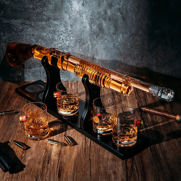 Shotgun Whiskey Decanter Set - Limited Edition - 800 ml & 4 12oz Bullet Glasses - Unique Gift - Drinking Party Accessory, Handmade Gun Liquor Decanter, Tik Tok Gun Decanter Gifts for Dad