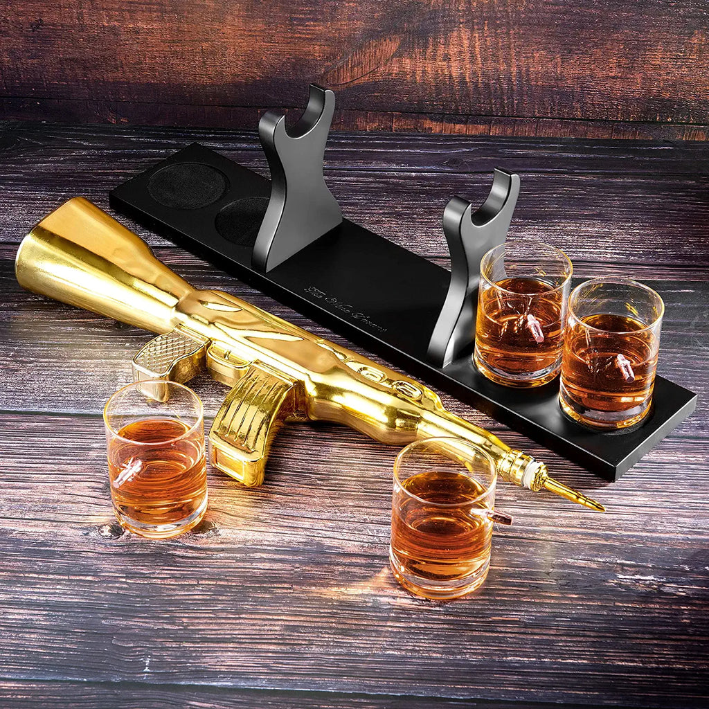 AK Gold Whiskey Decanter Set With 4 Bullet Whiskey Glasses - The Wine Savant, Gift For Fathers, Uncles, Sons - Veteran Gifts, Military Gift, Home Bar Gift, Father's Day