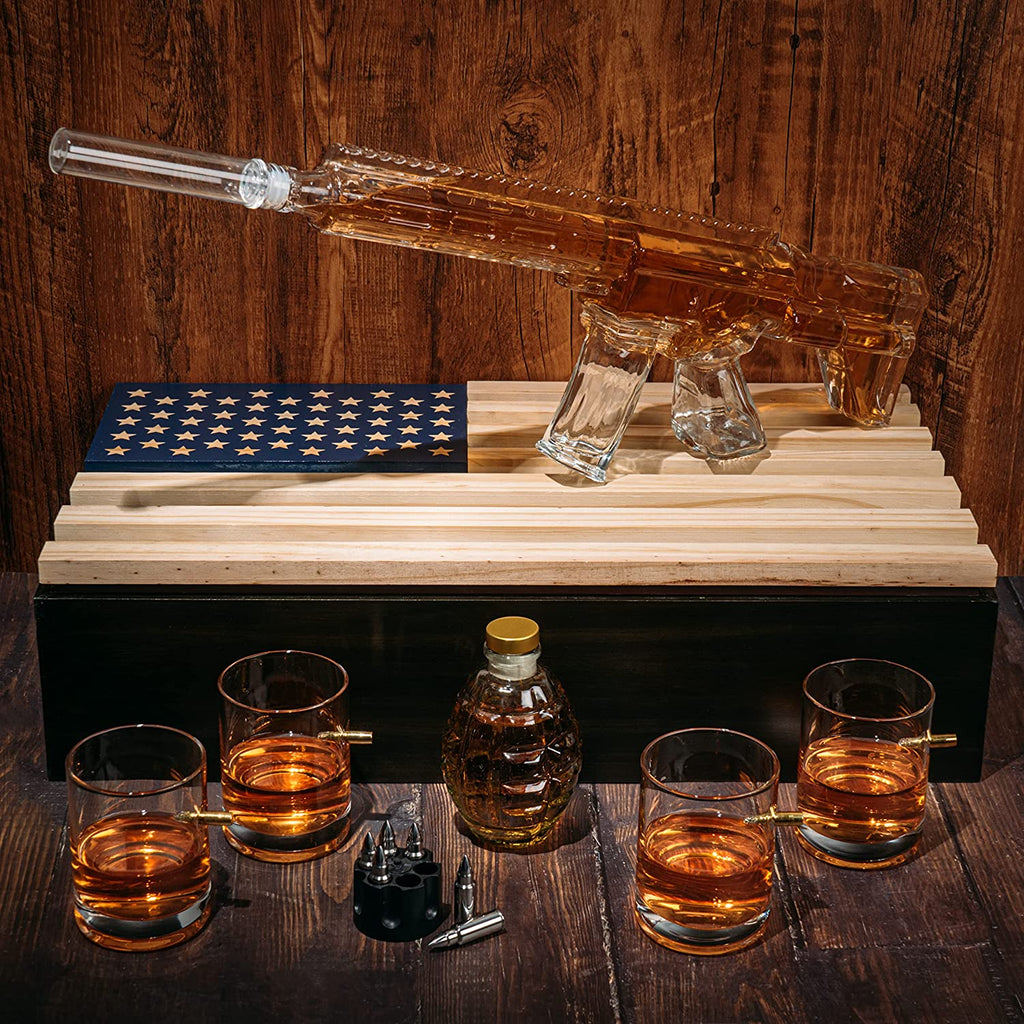 AR15 Whiskey Gun Decanter Flag Set - 1000ml Rifle & Pistol Set - Hanging Storage American Flag Gift Box & Bullet Glasses & Shot Glass, Great Gift for Army, Navy, Marines, Veterans & Gun Enthusiasts