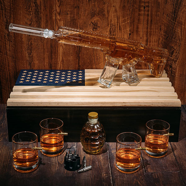 AR15 Whiskey Gun Decanter Flag Set - 1000ml Rifle & Pistol Set - Hanging Storage American Flag Gift Box & Bullet Glasses & Shot Glass, Great Gift for Army, Navy, Marines, Veterans & Gun Enthusiasts