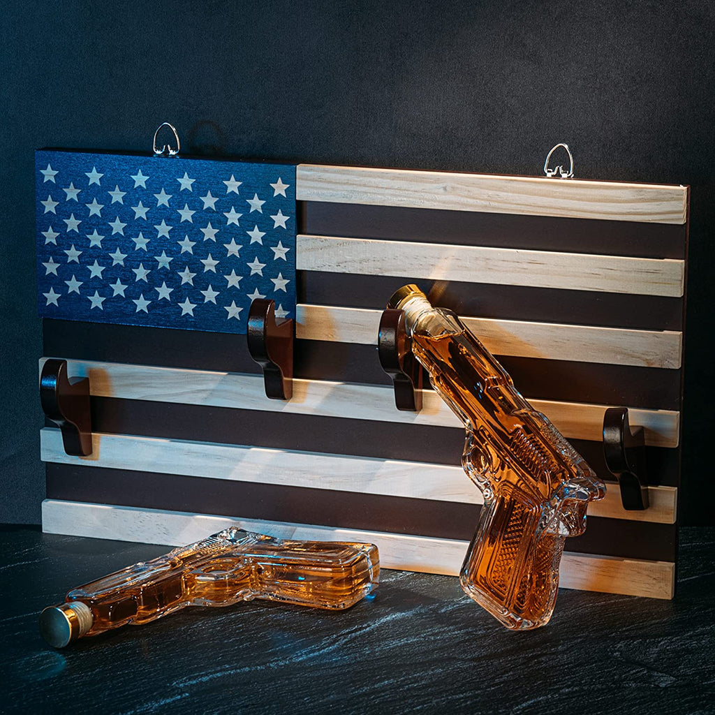 Pistol Whiskey Decanter Set of 2 300ml On American Flag Wall Rack by The Wine Savant - Tik Tok Gun Decanter, Veteran Gifts, Military Gifts, Home Bar Gifts, Law Enforcement Gifts