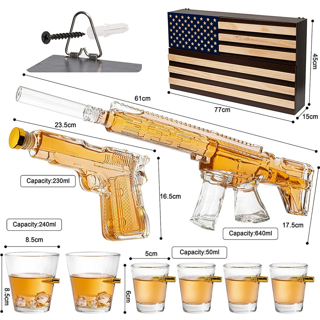 AR15 Whiskey Gun Decanter Flag Set - 1000ml Rifle & Pistol Set - Hanging Storage American Flag Gift Box & Bullet Glasses & Shot Glass, Great Gift for Army, Navy, Marines, Veterans & Gun Enthusiasts