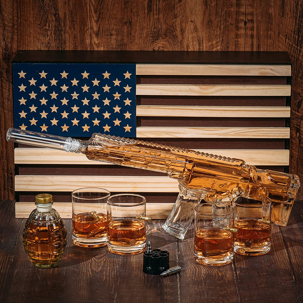 AR15 Whiskey Gun Decanter Flag Set - 1000ml Rifle & Pistol Set - Hanging Storage American Flag Gift Box & Bullet Glasses & Shot Glass, Great Gift for Army, Navy, Marines, Veterans & Gun Enthusiasts