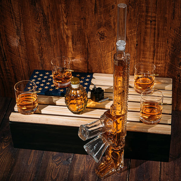 AR15 Whiskey Gun Decanter Flag Set - 1000ml Rifle & Pistol Set - Hanging Storage American Flag Gift Box & Bullet Glasses & Shot Glass, Great Gift for Army, Navy, Marines, Veterans & Gun Enthusiasts