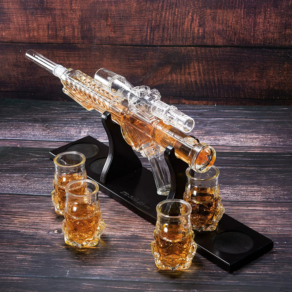 Blaster Force Gun Whiskey & Wine Decanter Set Glasses - Energized Particle Weaponry Elegant Decanter 24" - 4 Shot Glasses & Mahogany Wooden Base The Wine Savant (20 OZ) Gifts for Dad