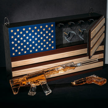 AR15 Whiskey Gun Decanter Flag Set - 1000ml Rifle & Pistol Set - Hanging Storage American Flag Gift Box & Bullet Glasses & Shot Glass, Great Gift for Army, Navy, Marines, Veterans & Gun Enthusiasts