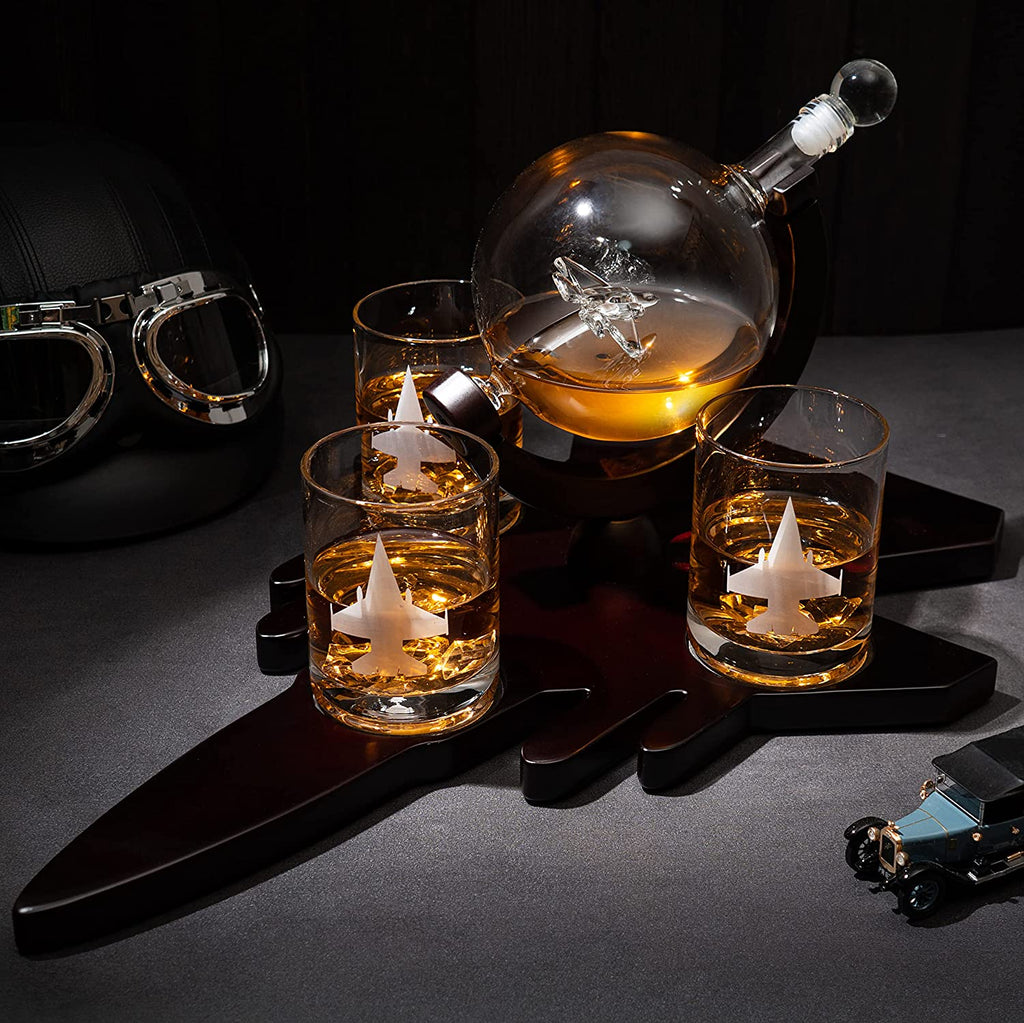 Fighter Jet Wine & Whiskey Decanter Set F16, F15, F18, F22 with 3 Glasses by The Wine Savant - Bourbon, Scotch, Vodka, Pilot, Aviation Gifts, Airplane Figurine, Military Veteran Gifts, Airplane Gifts