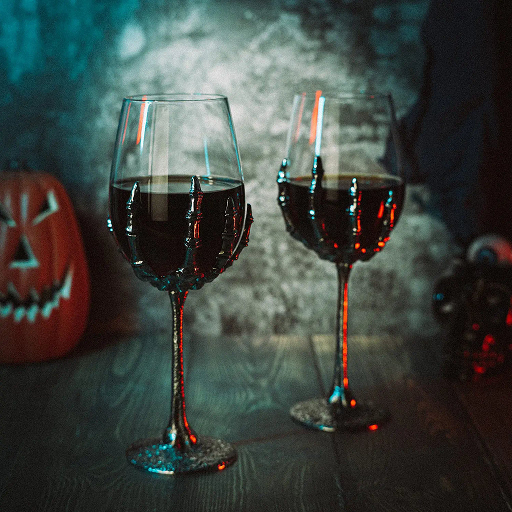 Stemmed Skeleton Wine Glasses Set of 2 by The Wine Savant - Skeleton Hand Glasses 9" H, Goth Gifts, Skeleton Gifts, Skeleton Decor, Spooky Cocktails, Wine Gift Set, Wine Glasses!