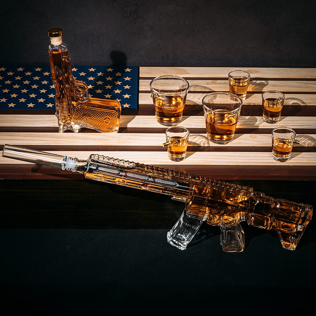 AR15 Whiskey Gun Decanter Flag Set - 1000ml Rifle & Pistol Set - Hanging Storage American Flag Gift Box & Bullet Glasses & Shot Glass, Great Gift for Army, Navy, Marines, Veterans & Gun Enthusiasts