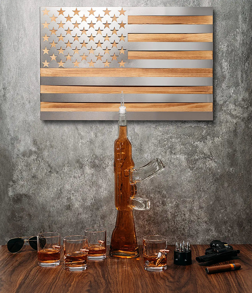 Gun Whiskey Decanter Set by The Wine Savant - SKF1801 Whiskey Gun Decanter 8 Bullet Whiskey Chillers - Military Gifts, Veteran Gifts, Law Enforcement Gifts, Home Bar Gifts, Drinking Accessories