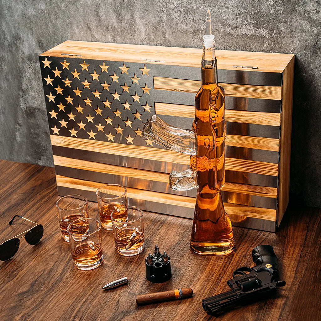 Gun Whiskey Decanter Set by The Wine Savant - SKF1801 Whiskey Gun Decanter 8 Bullet Whiskey Chillers - Military Gifts, Veteran Gifts, Law Enforcement Gifts, Home Bar Gifts, Drinking Accessories