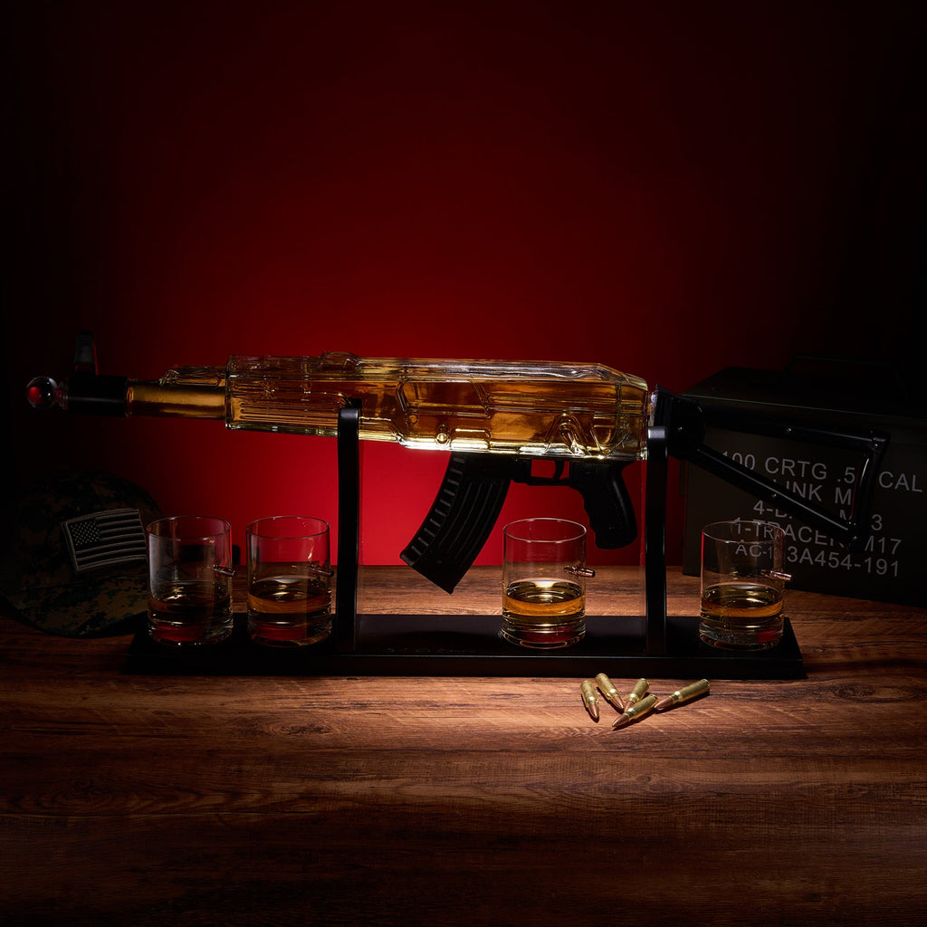 Gun Whiskey Decanter Set - Limited Edition, Silencer Stopper - 710 ml & 4 10.5oz Bullet Glasses - Unique Gift - Drinking Party Accessory, Handmade Gun Liquor Decanter, Tik Tok Gun Decanter, Dad Gift