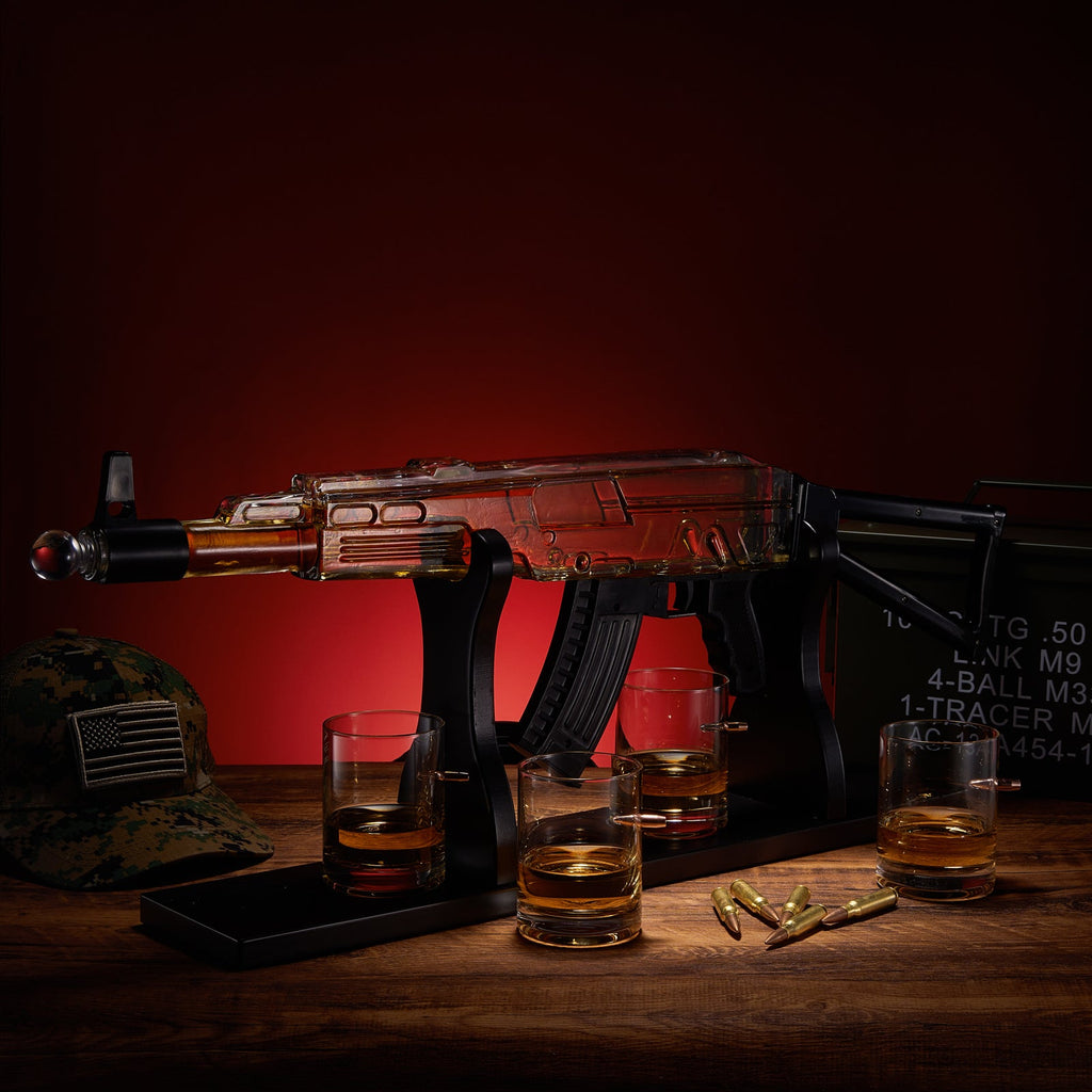 Gun Whiskey Decanter Set - Limited Edition, Silencer Stopper - 710 ml & 4 10.5oz Bullet Glasses - Unique Gift - Drinking Party Accessory, Handmade Gun Liquor Decanter, Tik Tok Gun Decanter, Dad Gift