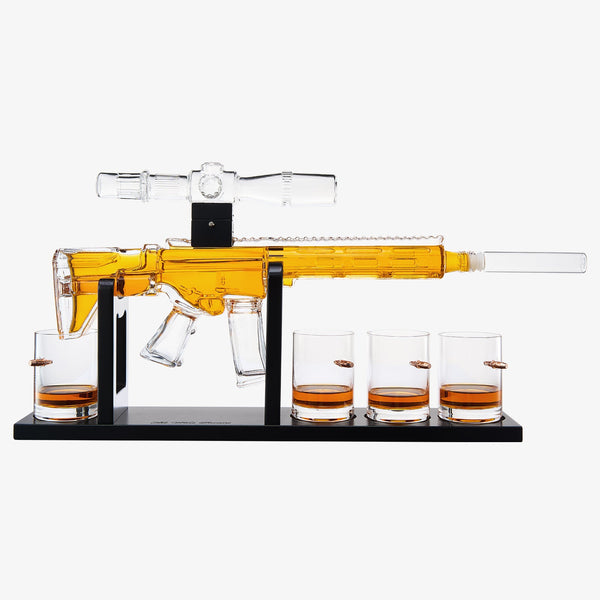 Whiskey Decanter Set - AR Limited Edition, Wooden Silencer Stopper - 800 ml & 4 12oz Bullet Glasses - Unique Gift - Drinking Party Accessory, Gun Liquor Decanter, Tik Tok Gun Decanter Mens Birthday