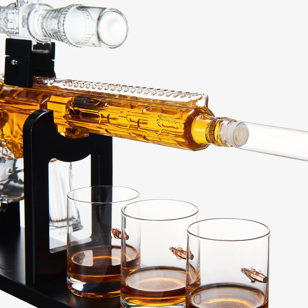 Whiskey Decanter Set - AR Limited Edition, Wooden Silencer Stopper - 800 ml & 4 12oz Bullet Glasses - Unique Gift - Drinking Party Accessory, Gun Liquor Decanter, Tik Tok Gun Decanter Mens Birthday