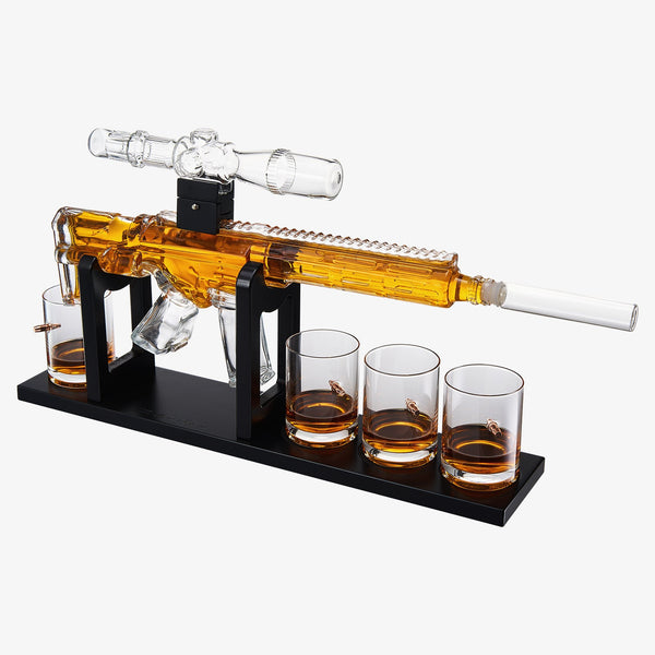 Whiskey Decanter Set - AR Limited Edition, Wooden Silencer Stopper - 800 ml & 4 12oz Bullet Glasses - Unique Gift - Drinking Party Accessory, Gun Liquor Decanter, Tik Tok Gun Decanter Mens Birthday