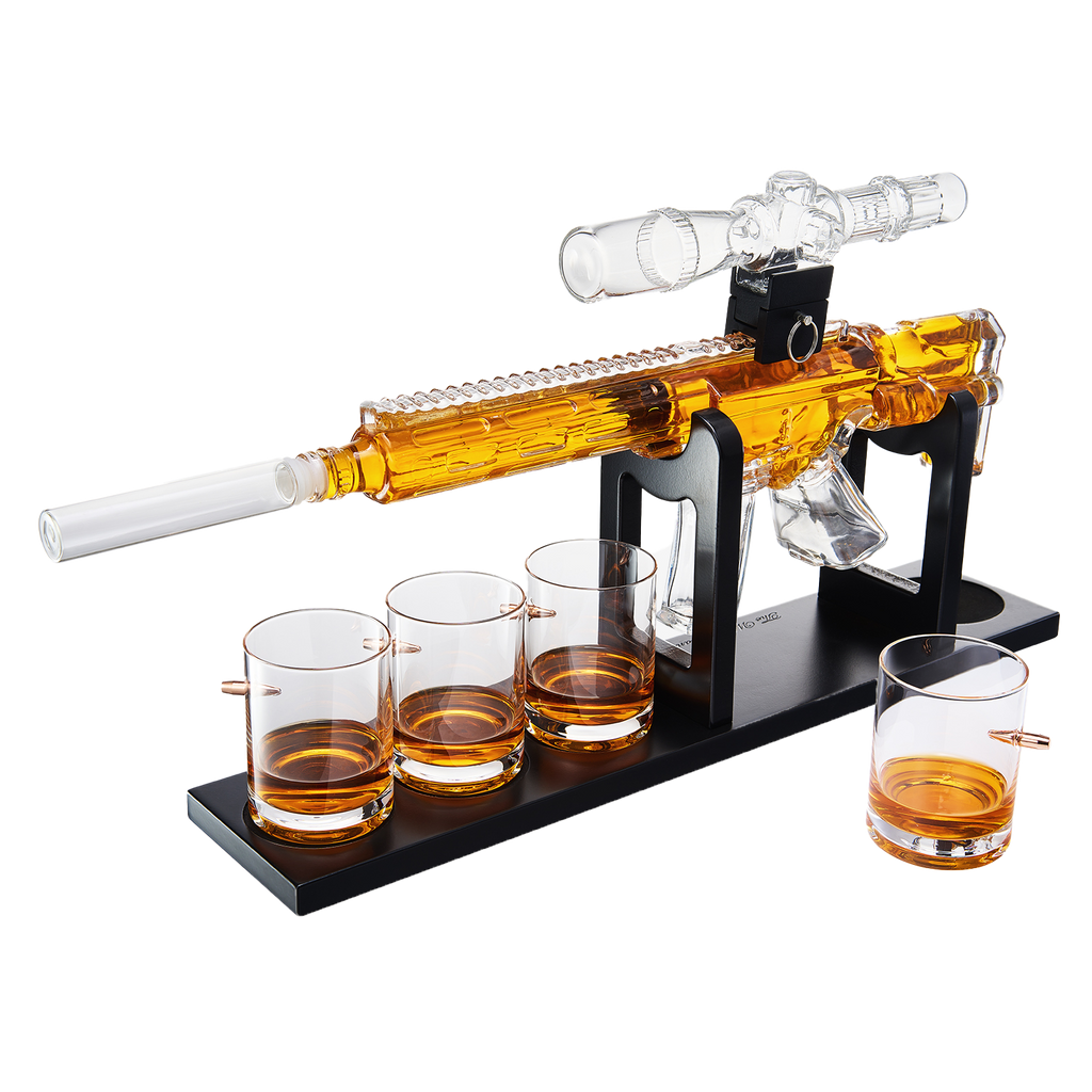 Whiskey Decanter Set - AR Limited Edition, Wooden Silencer Stopper - 800 ml & 4 12oz Bullet Glasses - Unique Gift - Drinking Party Accessory, Gun Liquor Decanter, Tik Tok Gun Decanter Mens Birthday