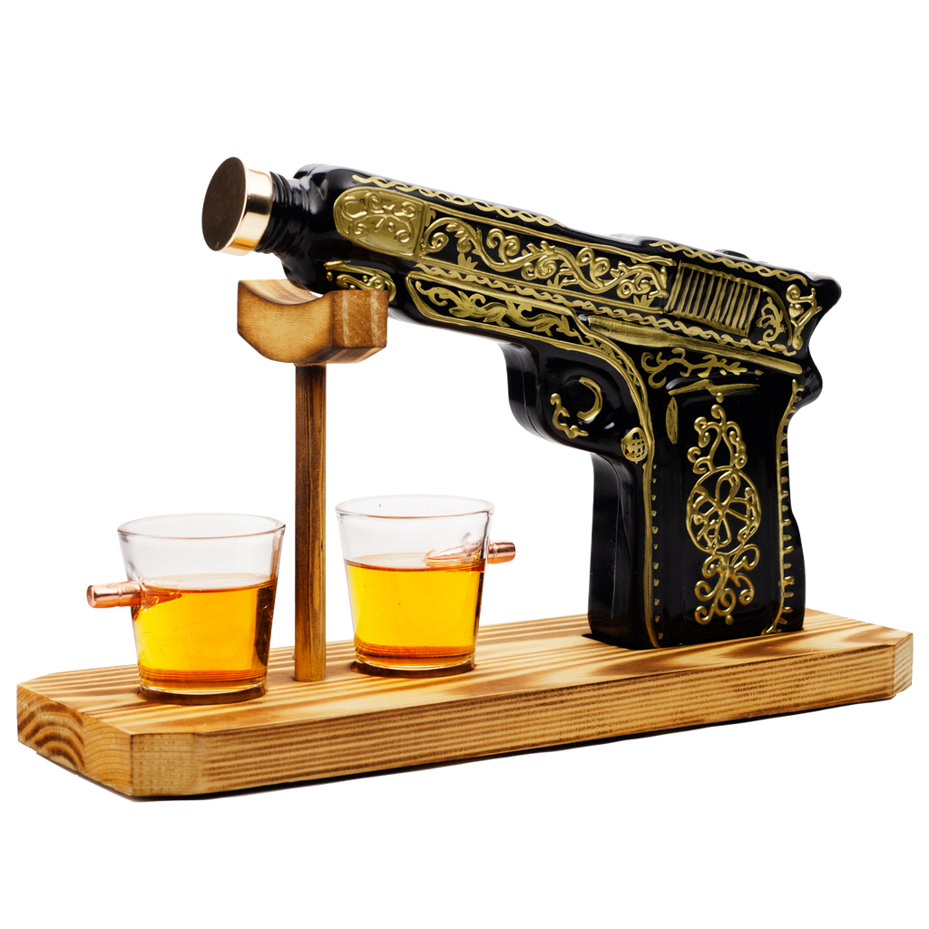 Hand Painted Pistol Whiskey & Wine Decanter by The Wine Savant - Pistol Whiskey Gun Decanter & 2 Bullet Shot Glasses - Military Gifts, Veteran Gifts, Law Enforcement Gifts, Home Bar Gifts, Drinking