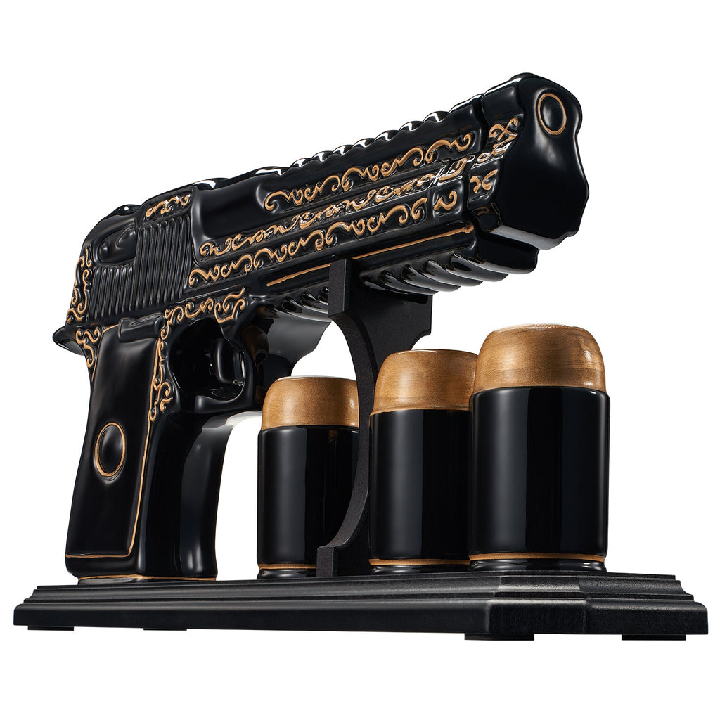 Hand Painted Pistol Whiskey & Wine Decanter by The Wine Savant - Black & Gold Whiskey Decanter & 3 Bullet Shot Glasses - Military Gifts, Veteran Gifts, Law Enforcement Gifts, Home Bar Gifts (18 OZ)