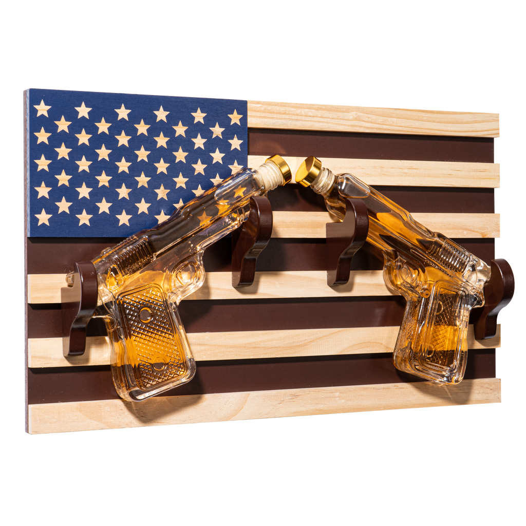 Pistol Whiskey Decanter Set of 2 300ml On American Flag Wall Rack by The Wine Savant - Tik Tok Gun Decanter, Veteran Gifts, Military Gifts, Home Bar Gifts, Law Enforcement Gifts