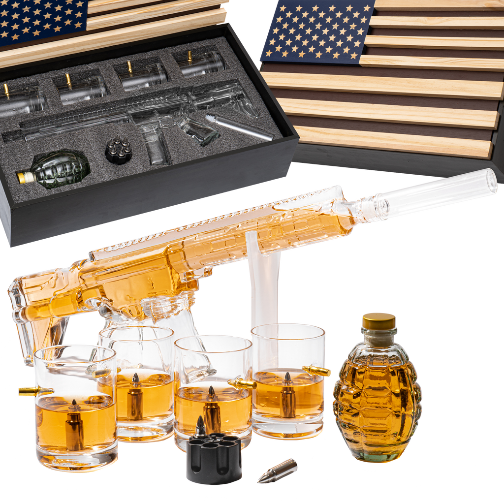 AR15 Whiskey Gun Decanter Flag Set - 1000ml Rifle & Pistol Set - Hanging Storage American Flag Gift Box & Bullet Glasses & Shot Glass, Great Gift for Army, Navy, Marines, Veterans & Gun Enthusiasts