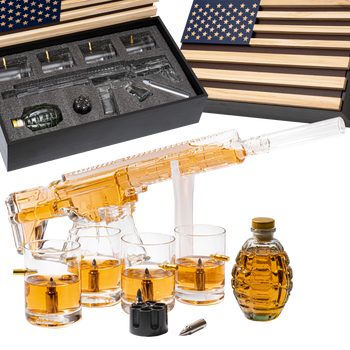 AR15 Whiskey Gun Decanter Flag Set - 1000ml Rifle & Pistol Set - Hanging Storage American Flag Gift Box & Bullet Glasses & Shot Glass, Great Gift for Army, Navy, Marines, Veterans & Gun Enthusiasts