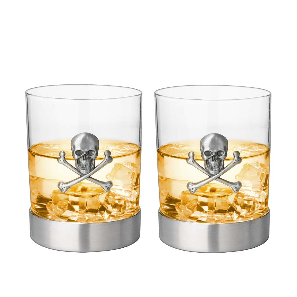 Skull & Skeleton Crossbones Pewter Whiskey & Wine Drinking Glasses - 11oz Set of 2 - Water, Rum, Brandy & Scotch Glass, Elegant, Skeleton Crystal Cup, Gifts for Men & Women, Old Fashioned Glass