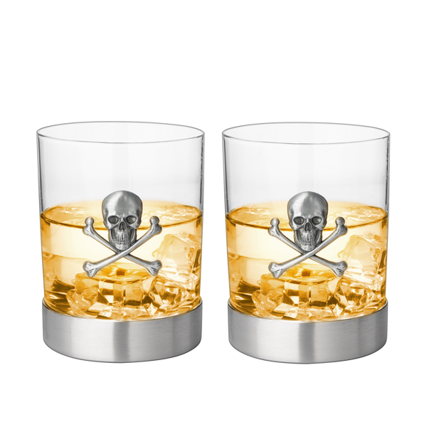 Skull & Skeleton Crossbones Pewter Whiskey & Wine Drinking Glasses - 11oz Set of 2 - Water, Rum, Brandy & Scotch Glass, Elegant, Skeleton Crystal Cup, Gifts for Men & Women, Old Fashioned Glass