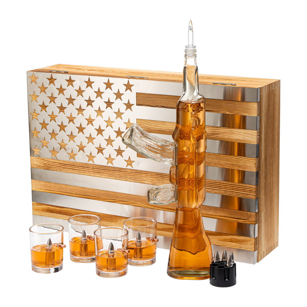 Whiskey Decanter Flag Set - 1000ml AK47 Rifle Gun, Glasses & Chillers Set in Box - Hanging Storage American Flag Gift Box With Silver Metal Flag, Great Gift Army, Navy, Marines, Veterans